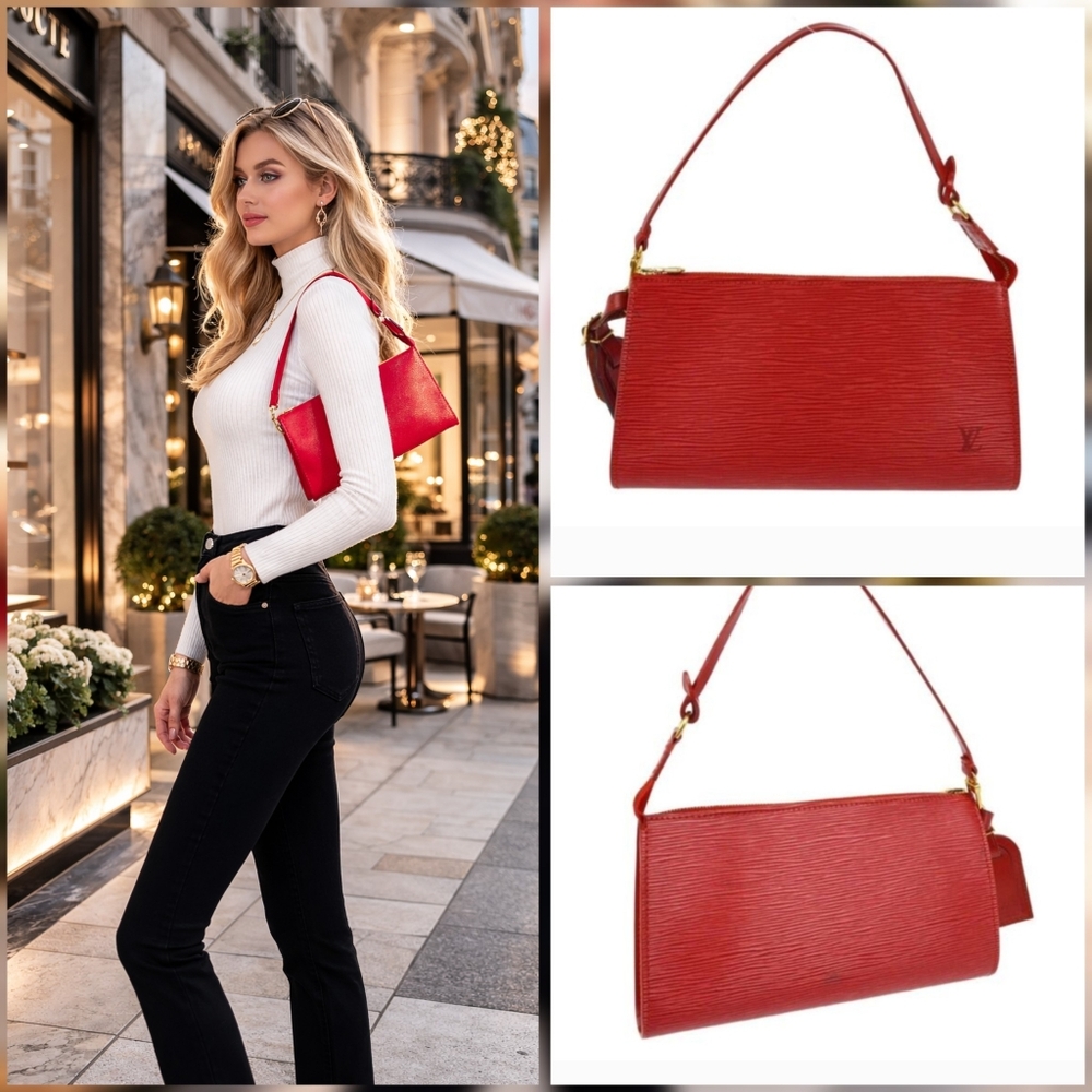 AUTHENTIC LOUIS VUITTON RED EPI POCHETTE ACCESSOIRES 24 HANDBAG